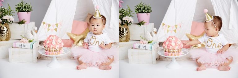 one year old baby girl cake smash portraits in singapore studio