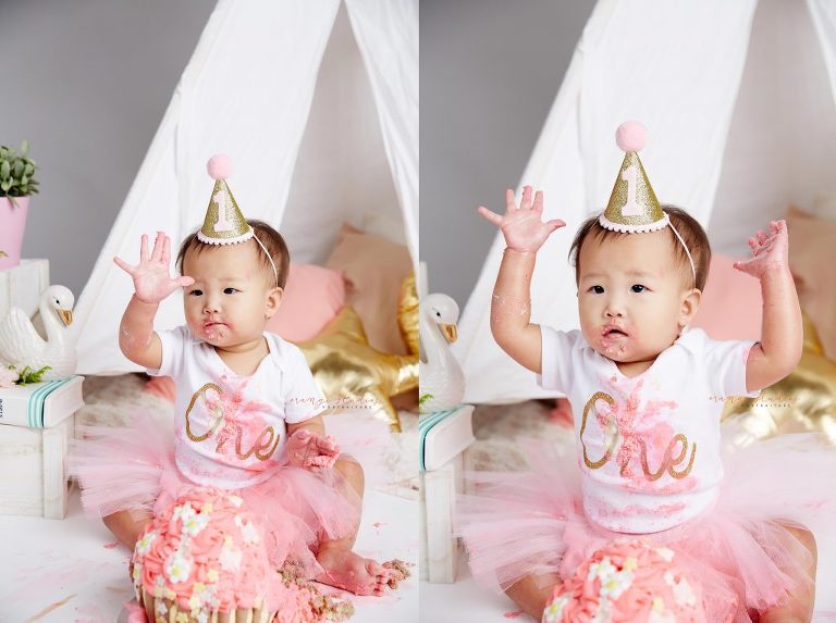 one year old baby girl cake smash portraits in singapore studio