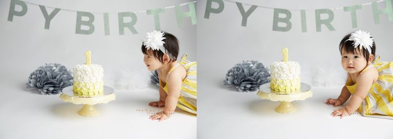 one year old baby girl cake smash portraits in singapore studio