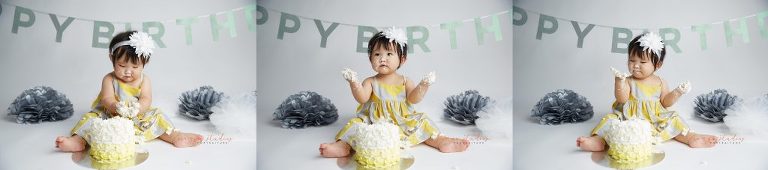 one year old baby girl cake smash portraits in singapore studio