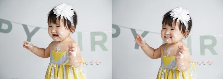 one year old baby girl cake smash portraits in singapore studio