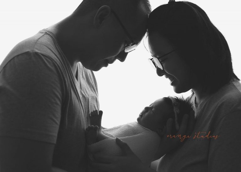 13 days old baby girl newborn black and white portraits with parents in singapore studio