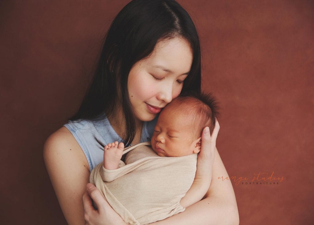 14 days old baby boy newborn portraits with mum in singapore studio