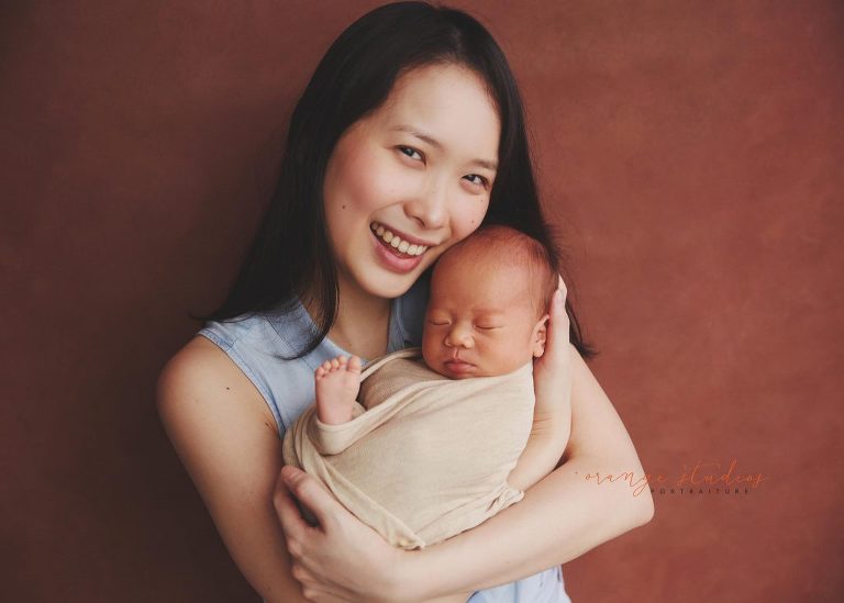 14 days old baby boy newborn portraits with mum in singapore studio