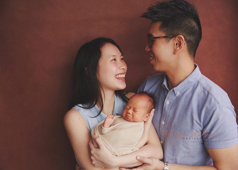 14 days old baby boy newborn portraits with parents in singapore studio