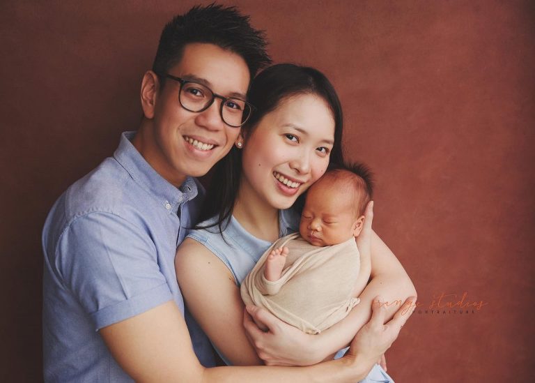 14 days old baby boy newborn portraits with parents in singapore studio