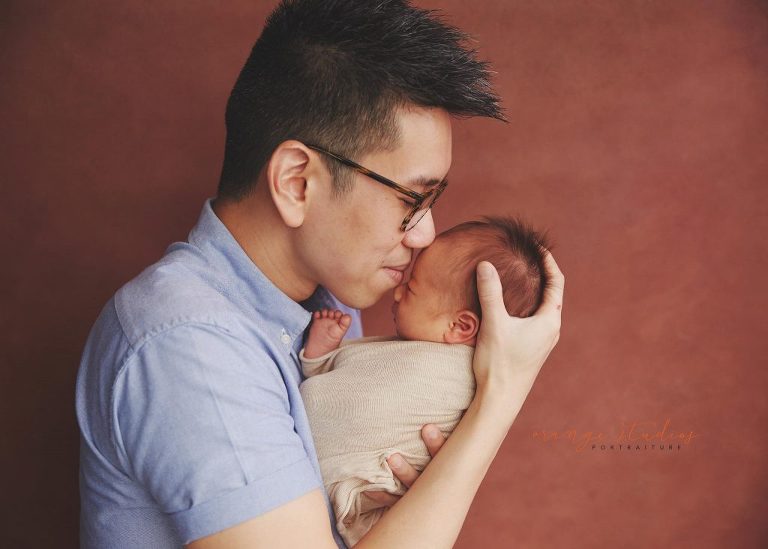 14 days old baby boy newborn portraits with dad in singapore studio