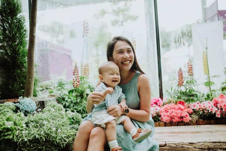1 year old baby boy with mum in outdoor family portraits
