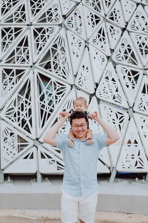 1 year old baby boy with dad in outdoor family portraits