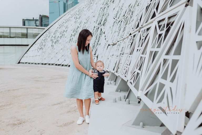 1 year old baby boy with mum in outdoor family portraits