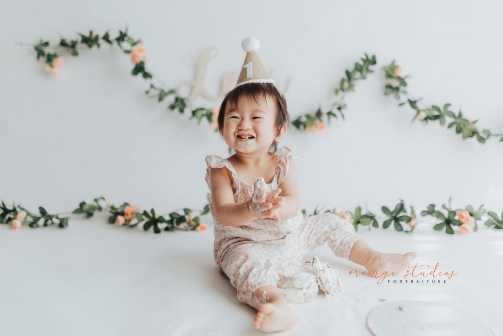1 year old baby girl floral theme cake smash in singapore studio