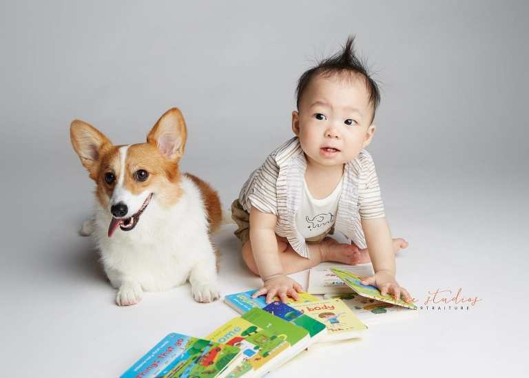 1 year old baby boy with pet dog siblings portraits in singapore studio