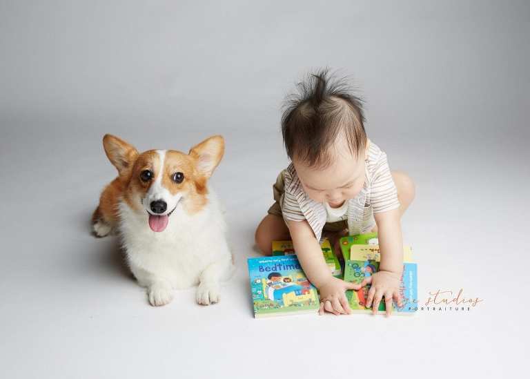 1 year old baby boy with pet dog siblings portraits in singapore studio