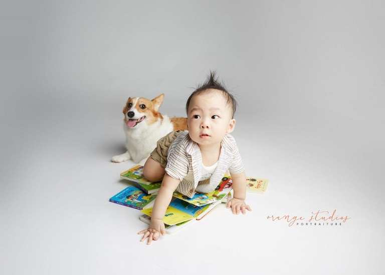 1 year old baby boy with pet dog siblings portraits in singapore studio