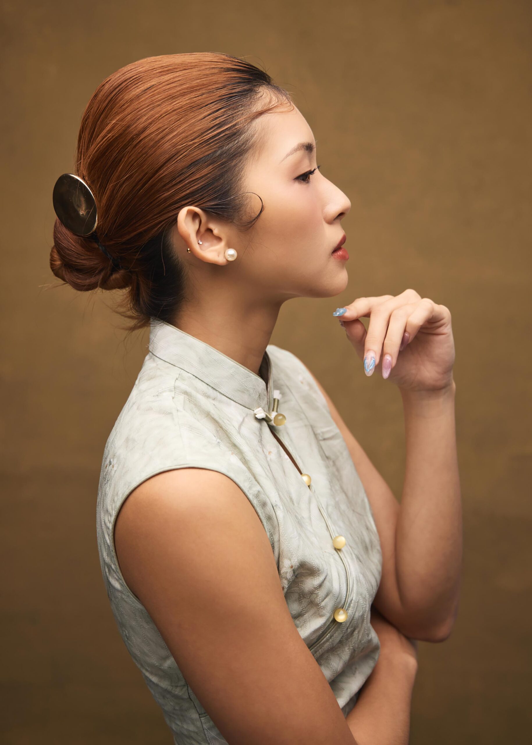 High-key New Chinese Style portrait in cream and pale celadon